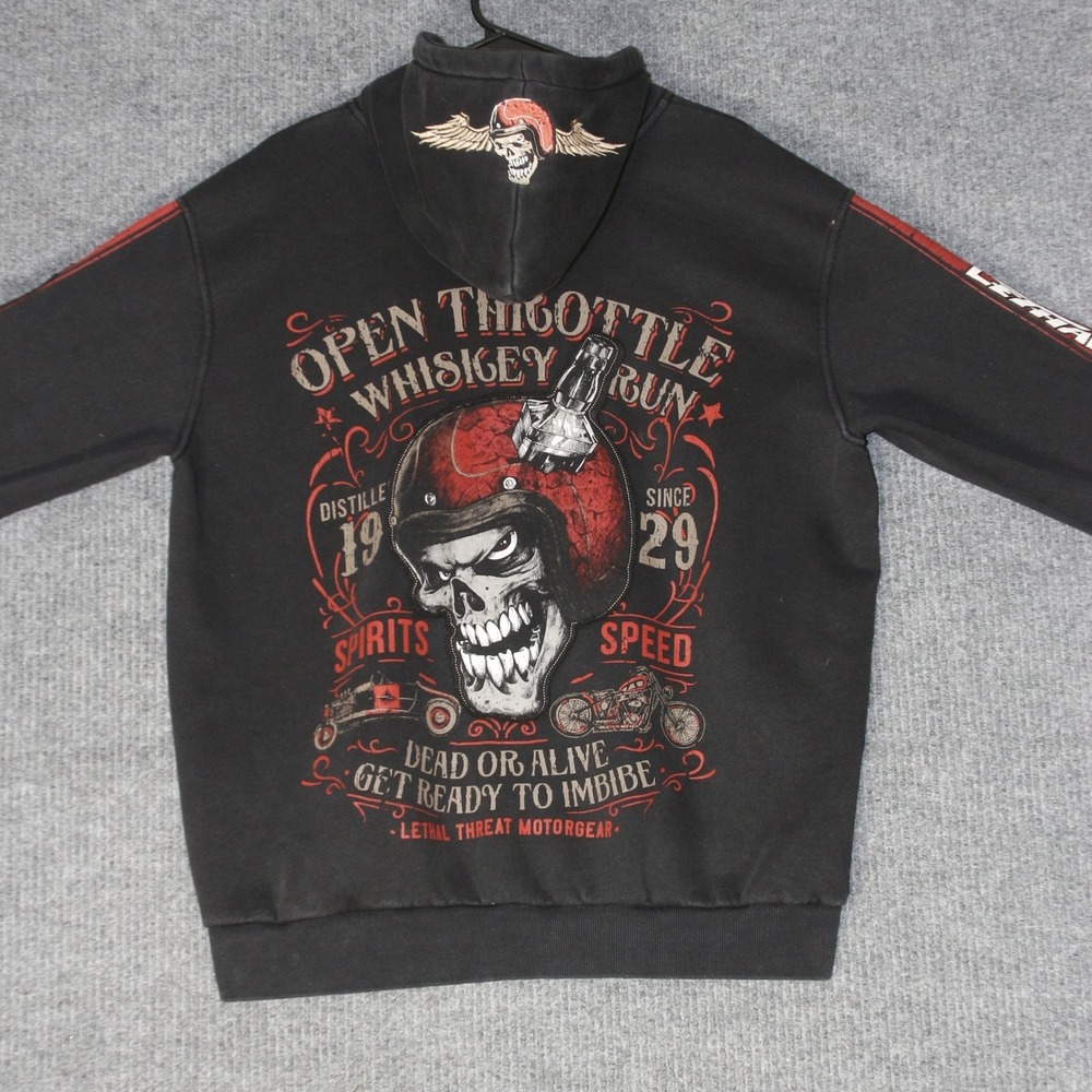 Lethal Threat Zip Up Hoodie Mens L Black Skull Biker Graphic Embroidered